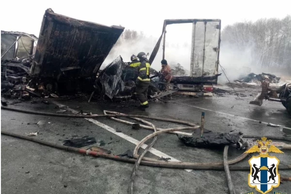 Две фуры сгорели на трассе под Новосибирском, один человек погиб