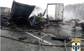 Две фуры сгорели на трассе под Новосибирском, один человек погиб