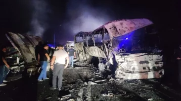 Фото: Под Краснодаром после ДТП загорелись автобус и грузовик, пострадали более 30 человек 1