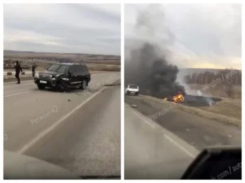Фото: На кузбасской трассе автомобиль загорелся в результате ДТП 1