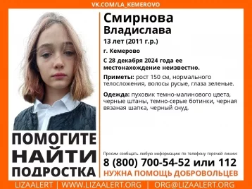 Фото: 13-летняя девочка в малиновом пуховике пропала в Кемерове 1