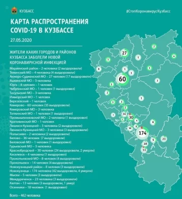 Фото: Опубликована карта распространения коронавируса в Кузбассе на 27 мая 1