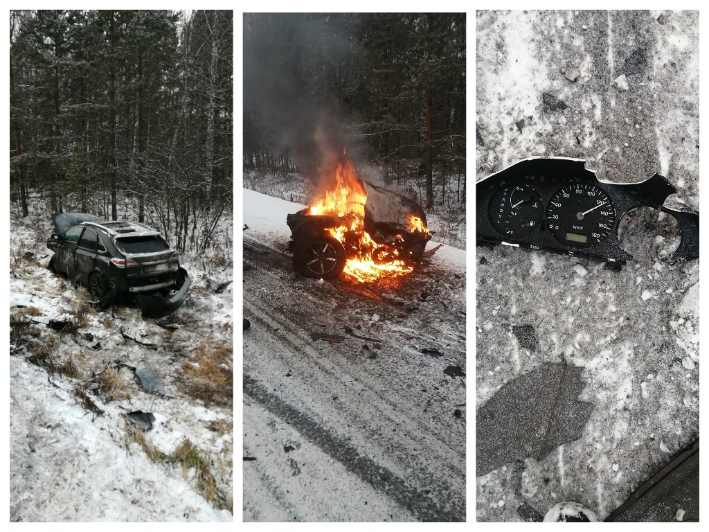 В Кузбассе на трассе Mazda загорелась после ДТП: один человек погиб, трое получили травмы